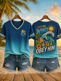 Women's Casual V-Neck Top with "Faith" Print