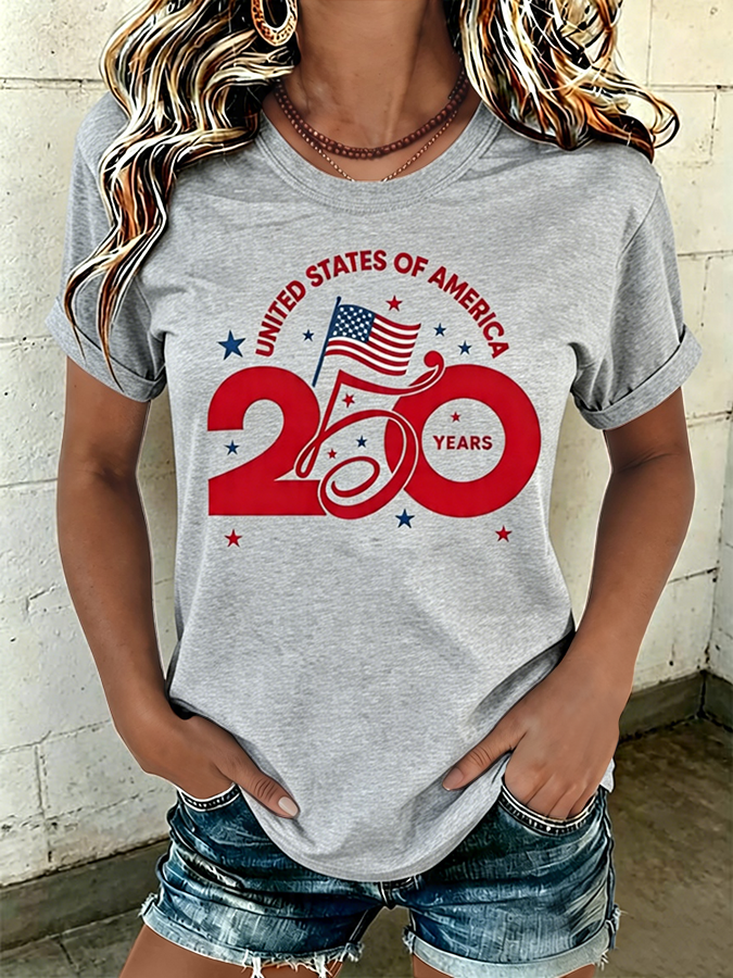 250 Years USA Independence Flag Graphic Casual Crew Neck T-Shirt