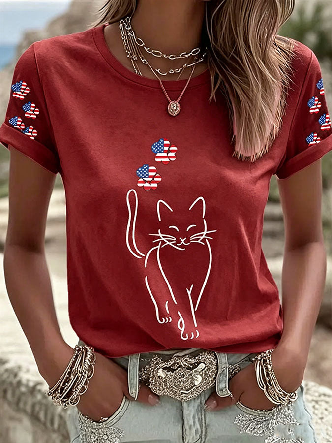 Women's America Flag Cat Casual T-Shirt
