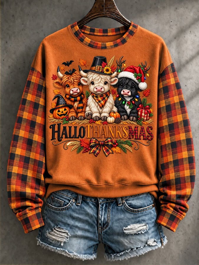 Women's Casual HalloThanksmas Printed Long-Sleeve Sweatshirt