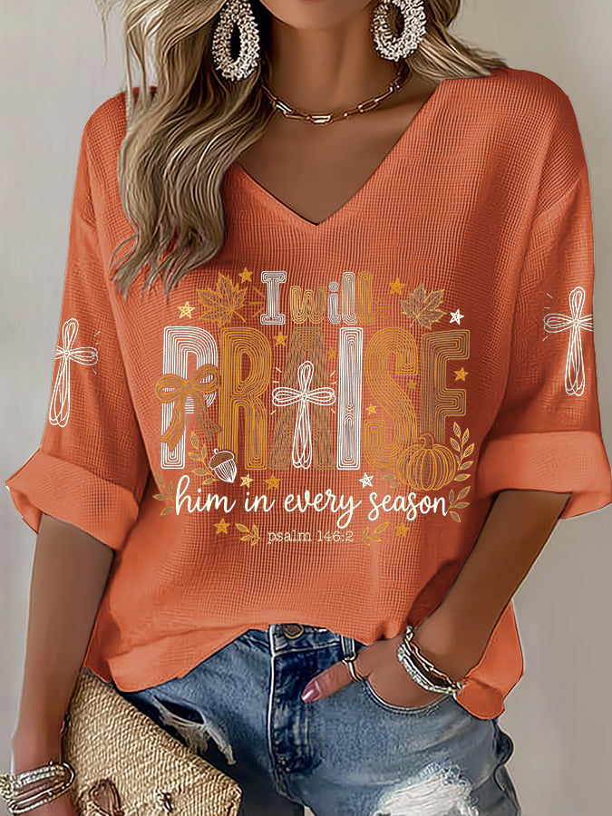 Women's Casual Printed Waffle Top