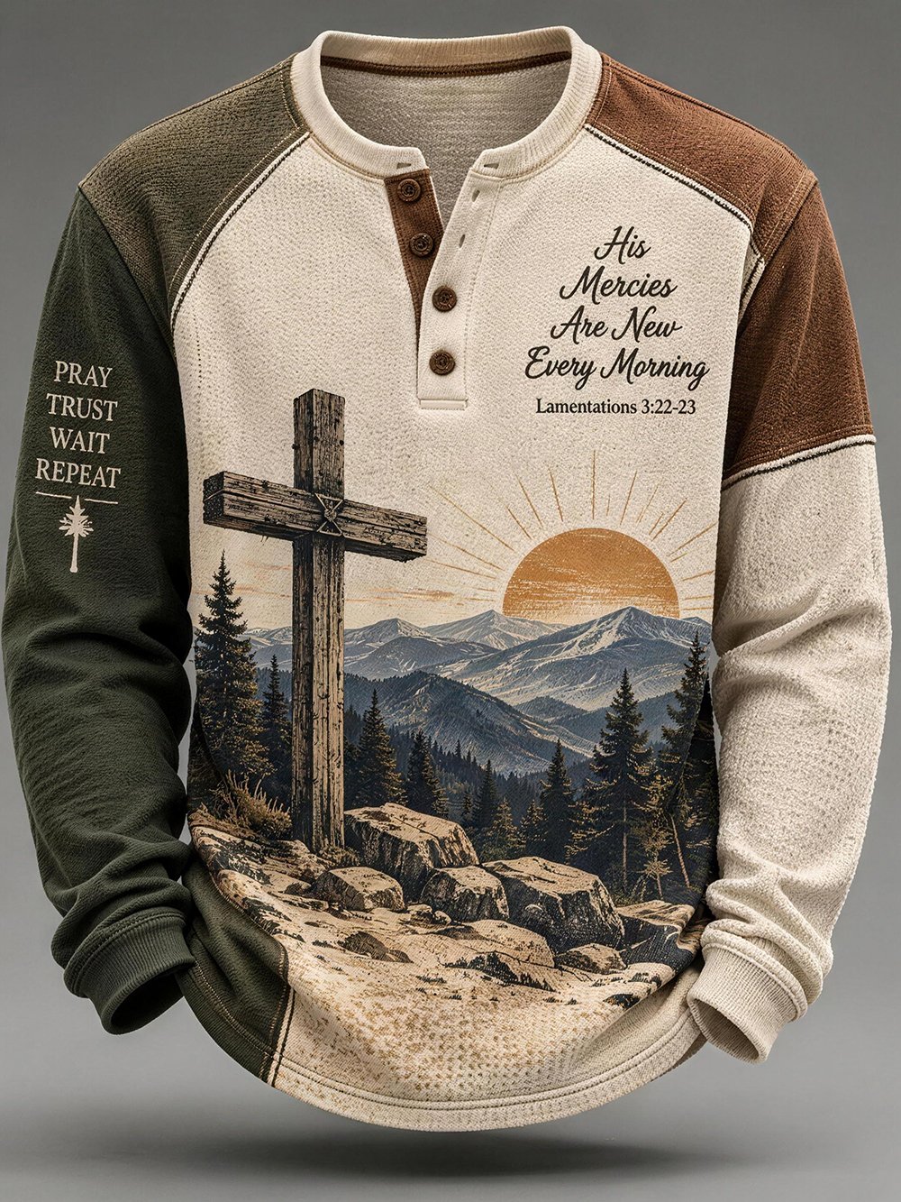 Men's "Faith" Print Waffle-Knit Henley Long-Sleeve T-Shirt