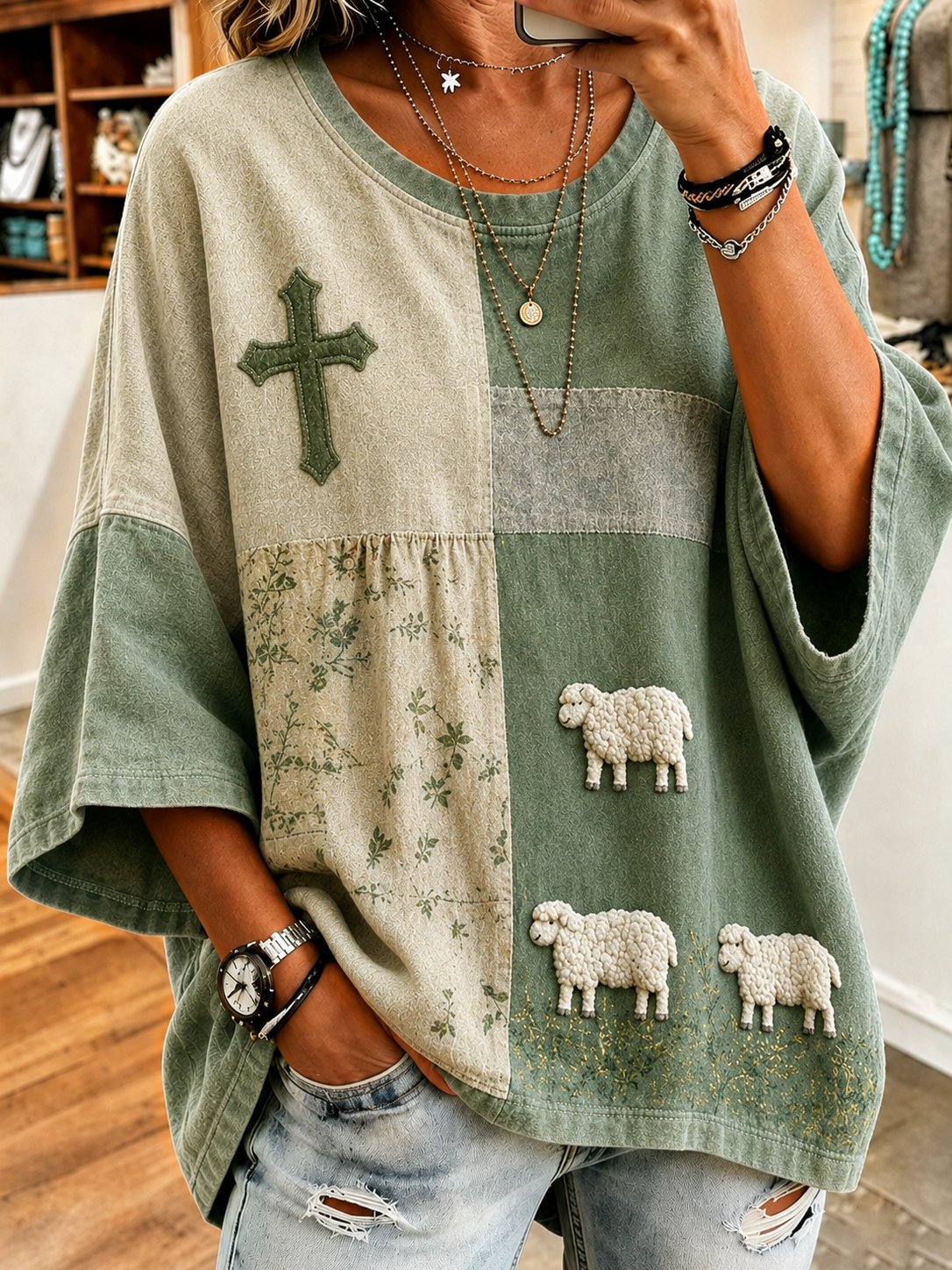 Women's Casual Autumn "Faith Sheep" Print Top