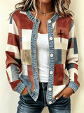 Ladies' Contrasting Color Casual Printed Knitted Cardigan Top