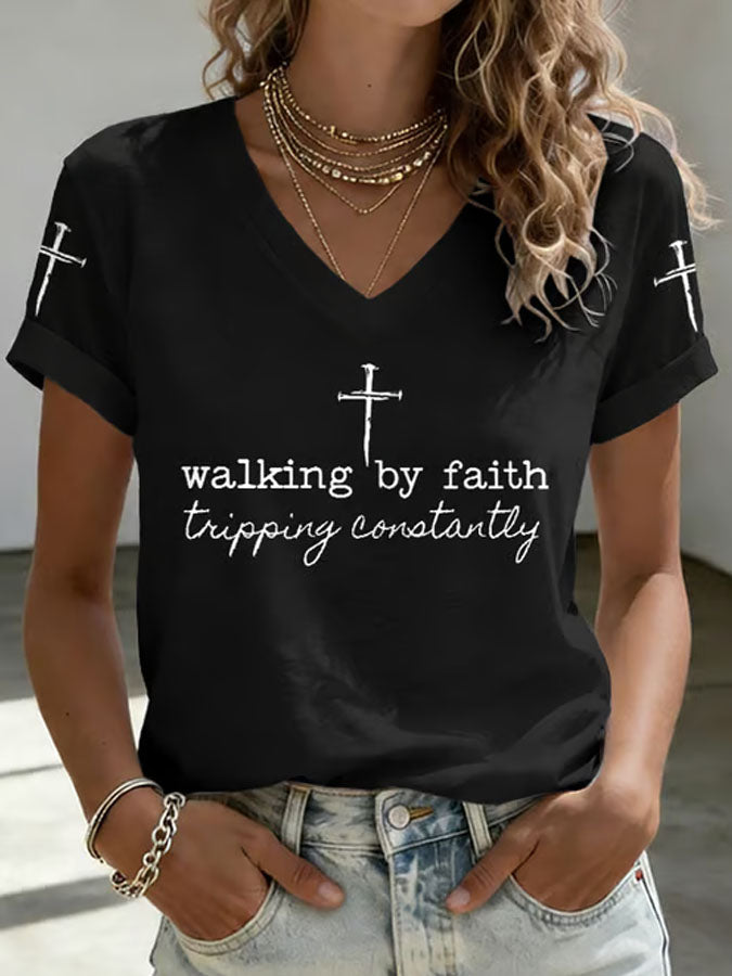Women's Walk By Faith Not By Sight Print Casual T-shirt