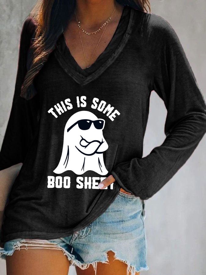 Women's Halloween This Is Some Boo Sheet Printed Casual Long Sleeve V-Neck T-Shirt
