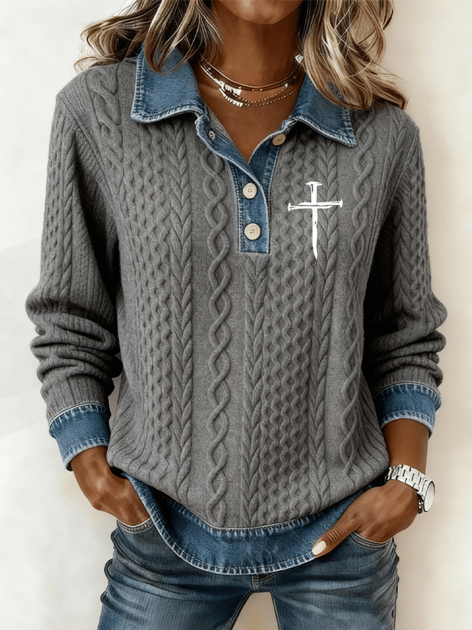 Women's Cross Retro Jacquard Fabric Sweatshirt