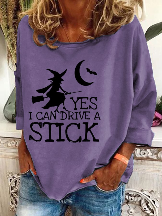 Women's Halloween Yes I Can Drive A Stick  Printed Crew Neck Sweatshirt