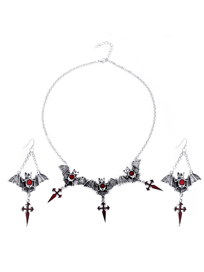 Halloween Gothic Dark Cross Bat Necklace Earring Set