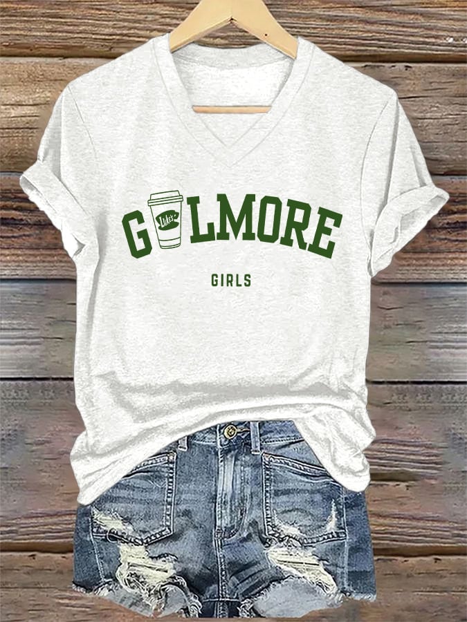 🔥HOT SALE🔥V-Neck Retro Fall Stars Hollow Luke’s Coffee Cup Girls Print T-Shirt