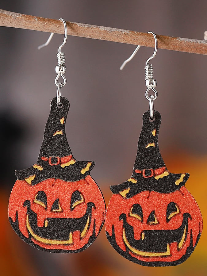 Halloween Gothic Ghost Face Pumpkin Witch Hat Pendant Wooden Double Sided Earrings