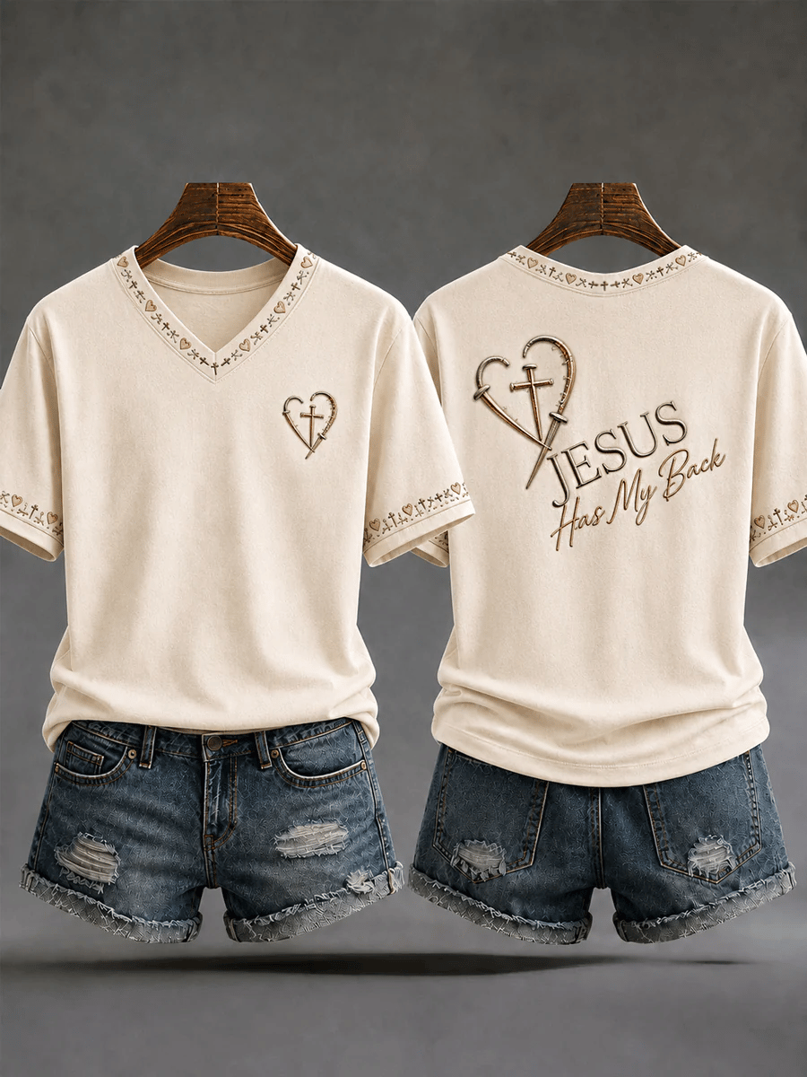 Women's  Retro  Jesus Has My Back Christian Cross Print T-shirt