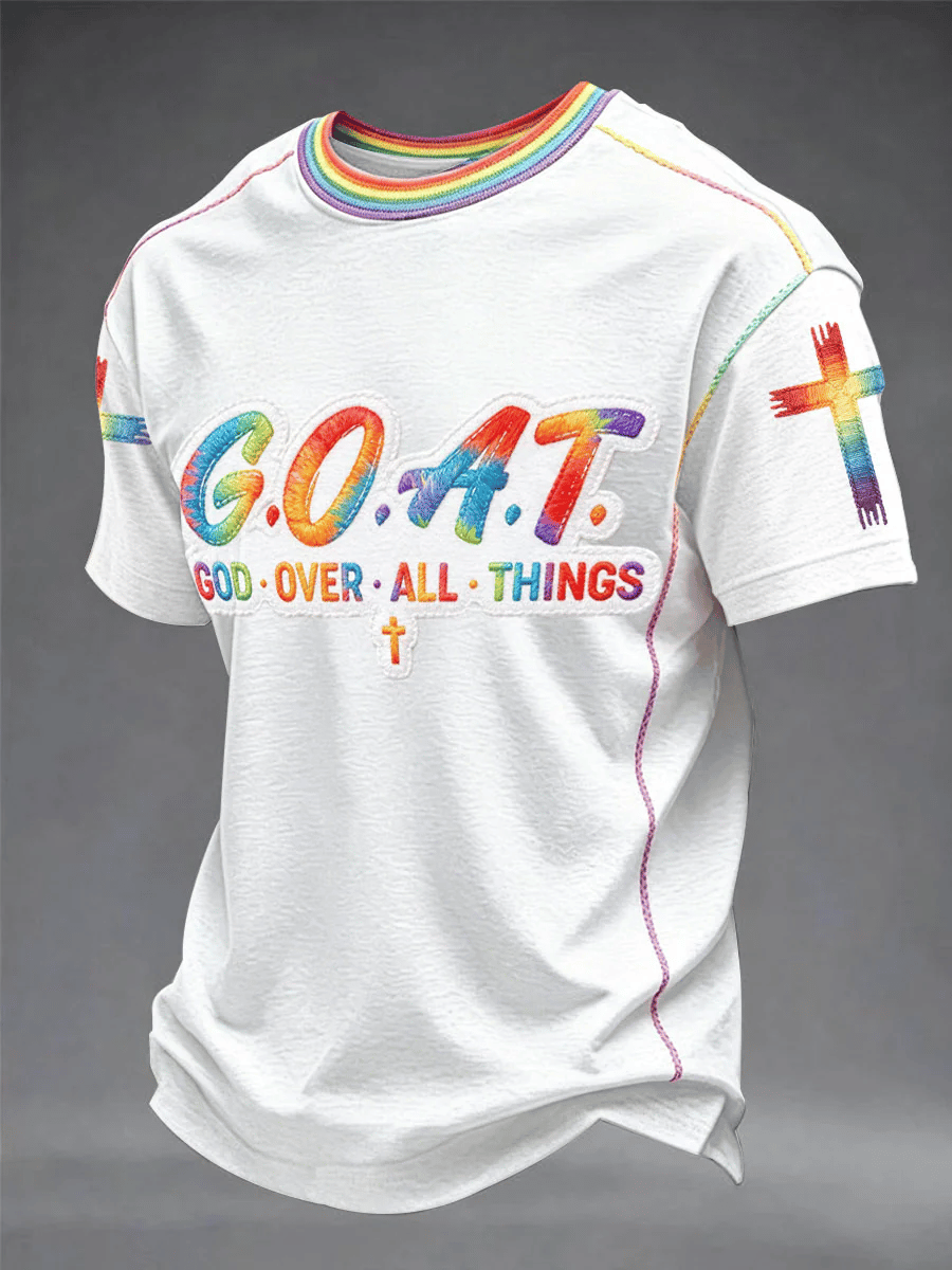Men's"God Over All Things" Art Embroidery Print Unisex Casual T-shirt