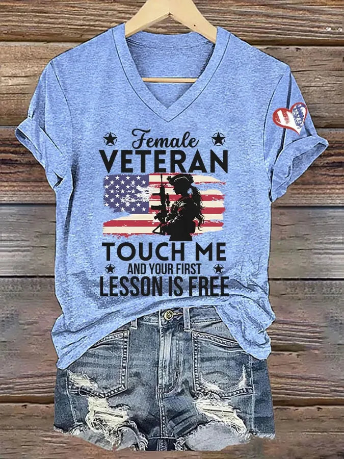 Women's Funny Female Veteran Printed V-Neck T-Shirt