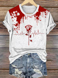 Women'S Heart-beating Bloody Rose Pattern Print T-Shirt