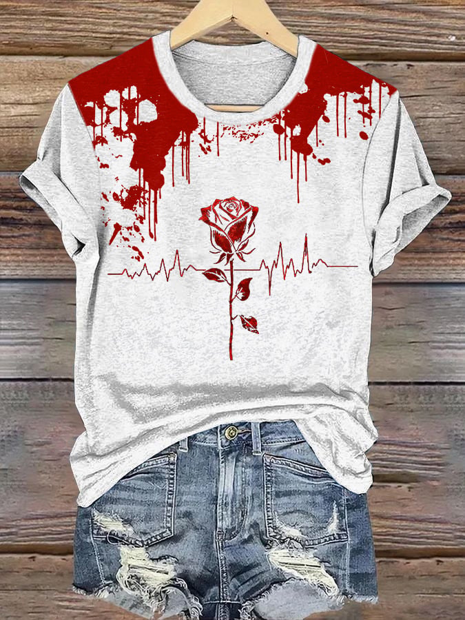 Women'S Heart-beating Bloody Rose Pattern Print T-Shirt