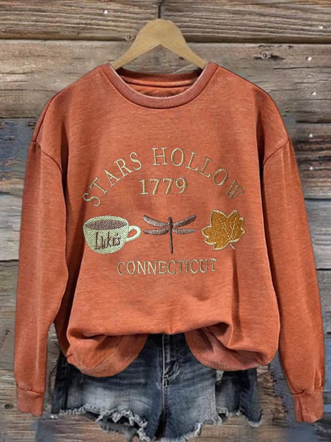 🔥HOT SALE🔥Retro Fall Stars Hollow 1779 Connecticut Luke’s Coffee Cup Dragonfly Maple Leaf Print Sweatshirt