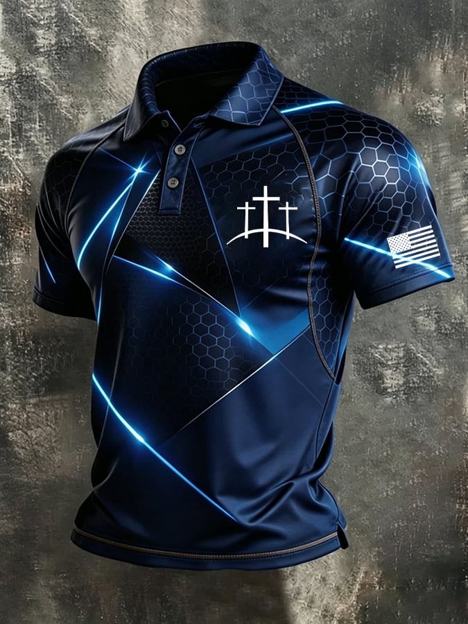 Men's Retro Faith Cross Print Casual Polo Shirt