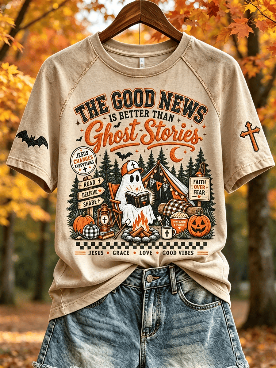 Women's The Good News Is Better Than Ghost Stories Fall Camping Christian Ghost Print Short-Sleeved T-Shirt