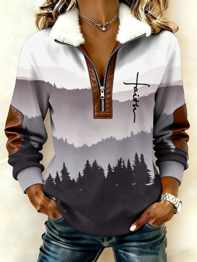 Women'S Casual Retro Faith-Inspired Print Patchwork Long-Sleeved Sweatshirt With Fur Collar
