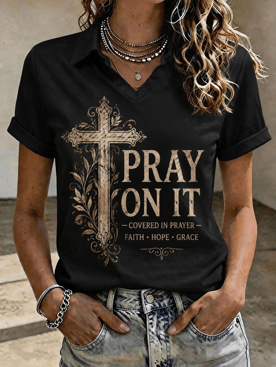 Vintage Floral Cross Pray On It Women Lapel V Neck Short Sleeve Polo Shirt