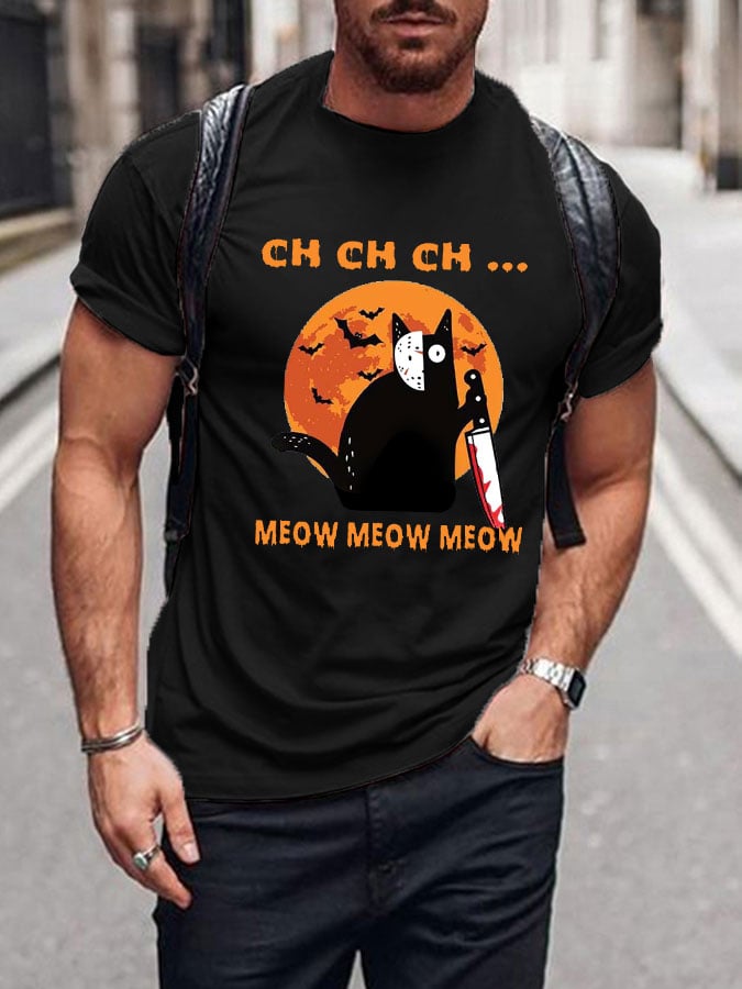 Men's Halloween Artistic Cat Print Short Sleeve T-shirt