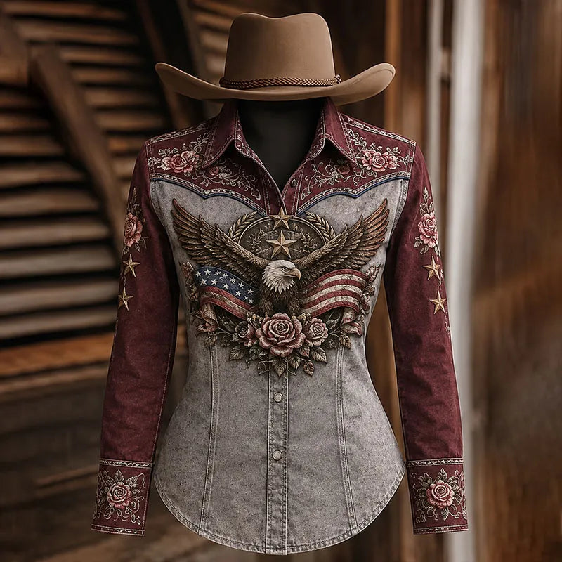 Vintage Western Eagle Flag Rose Embroidered Women's Shirt