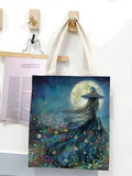 Witch And Flowers Under The Full Moon Art Print Canvas Bag