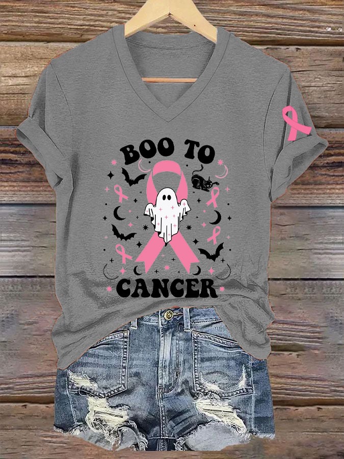 Women's Breast Cancer Awareness Halloween Boo To Cancer Ghost Pink Ribbon Print T-Shirt