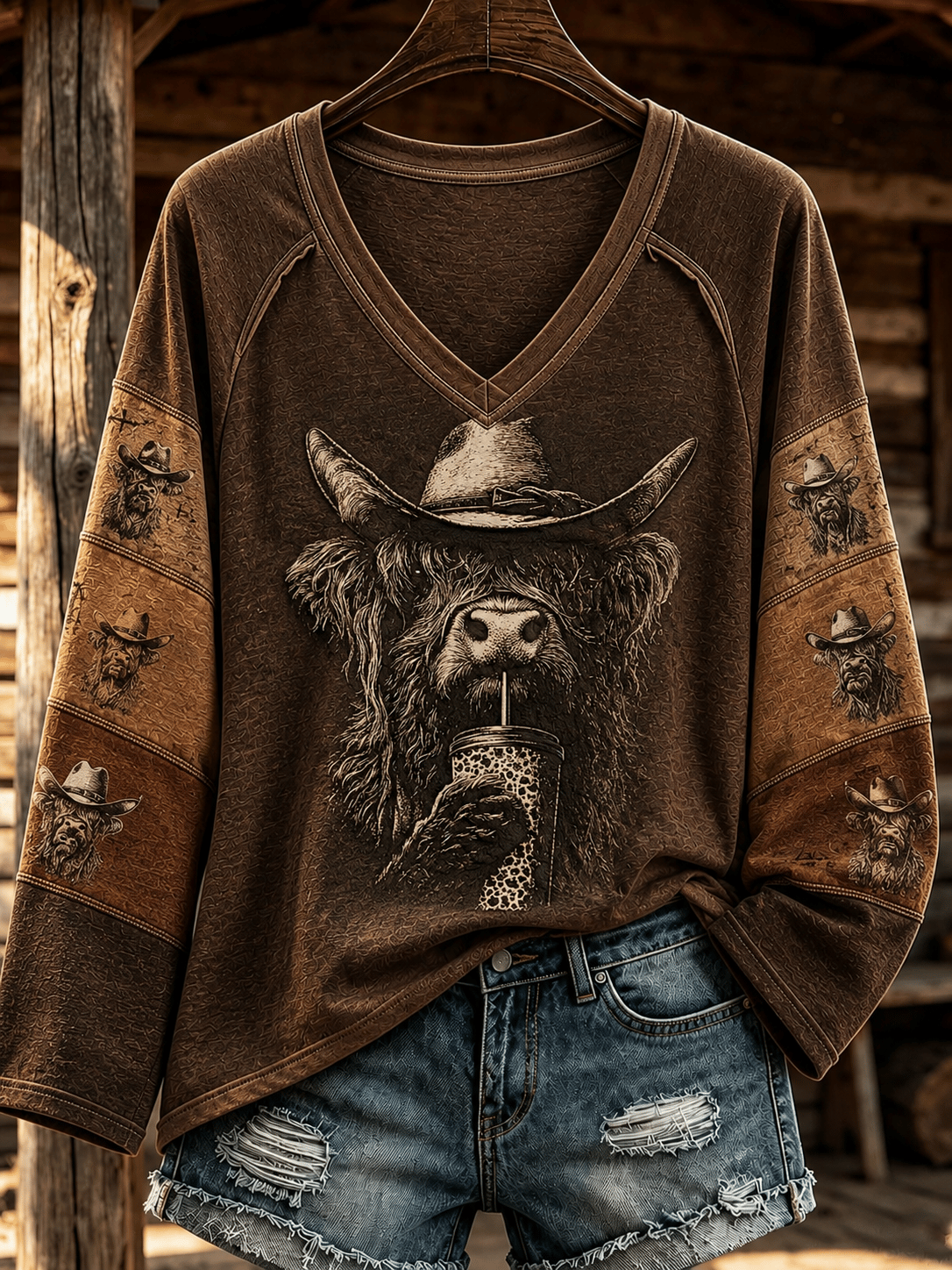 Women's Retro Western Yak Print V-Neck Top