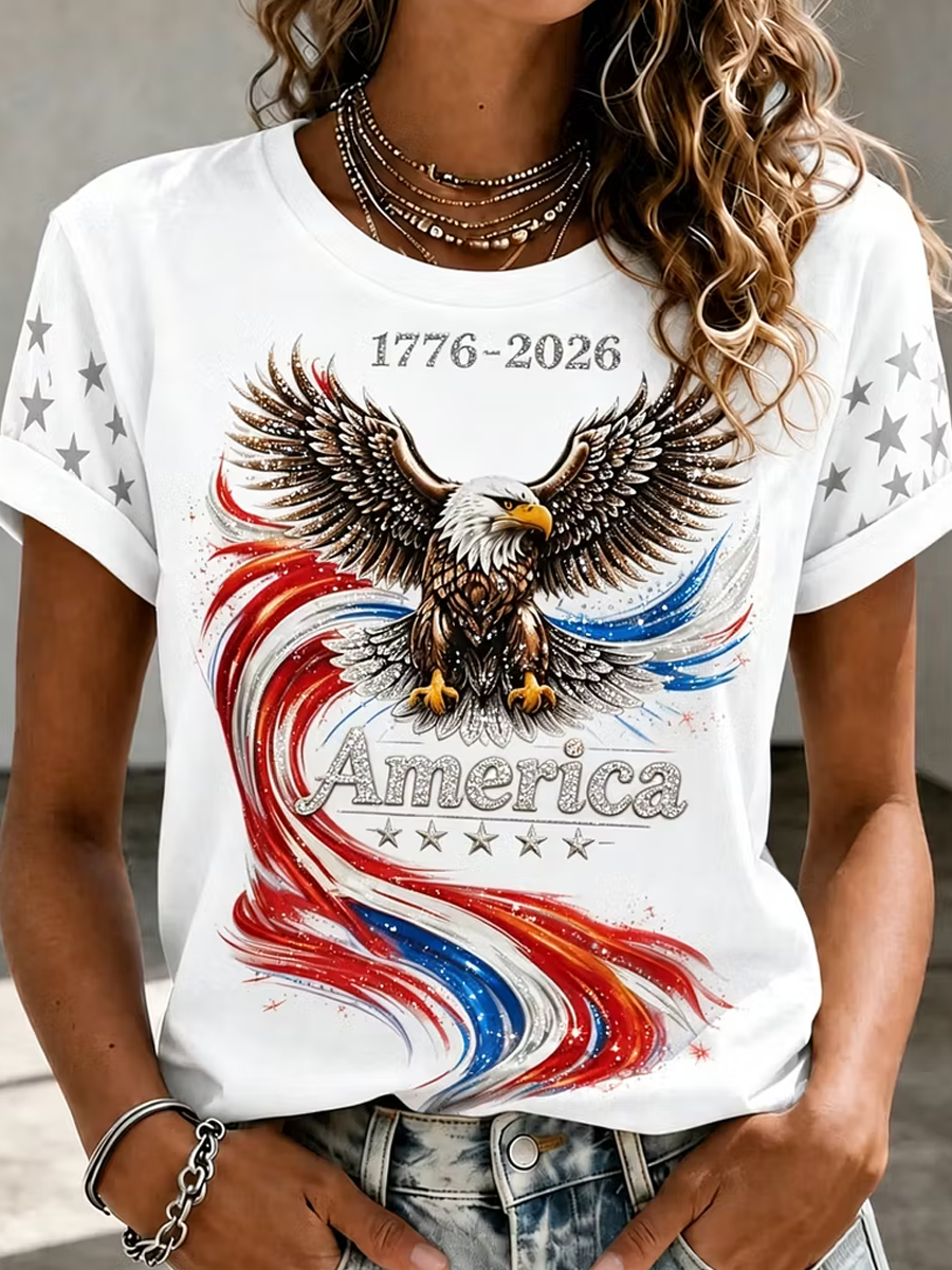 Women's Retro Independence Day Eagle Printed Crew Neck Casual Tops