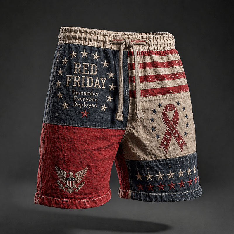 RED FRIDAY Remember Everyone Deployed Vintage American Flag Patchwork Drawstring Shorts