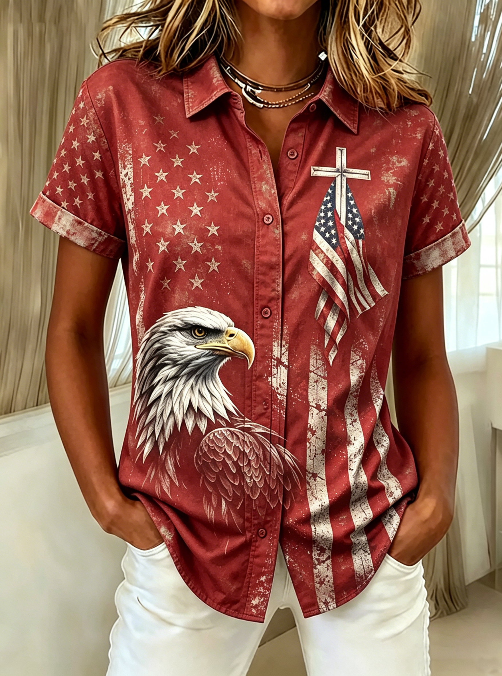 A Shirt With Floral Embroidery Flag Print And Short Sleeves In The Western United States