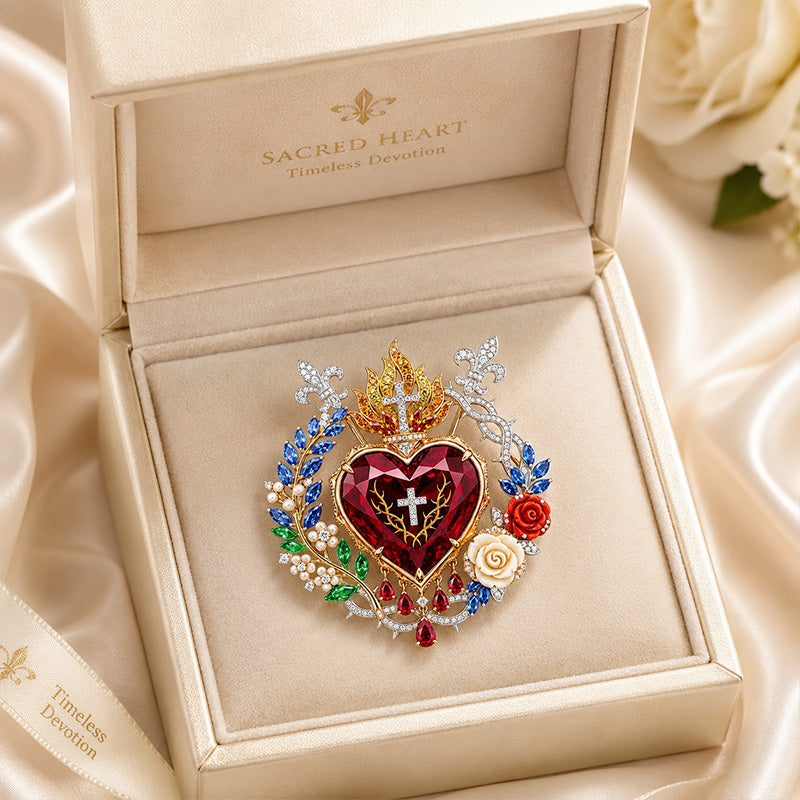 Luxurious Vintage Palace Style: Radiant Sacred Heart Floral Gemstone Brooch
