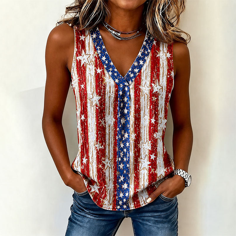 Patriotic Vintage Stars & Stripes V-Neck Tank Top – Red White Blue Sleeveless Shirt