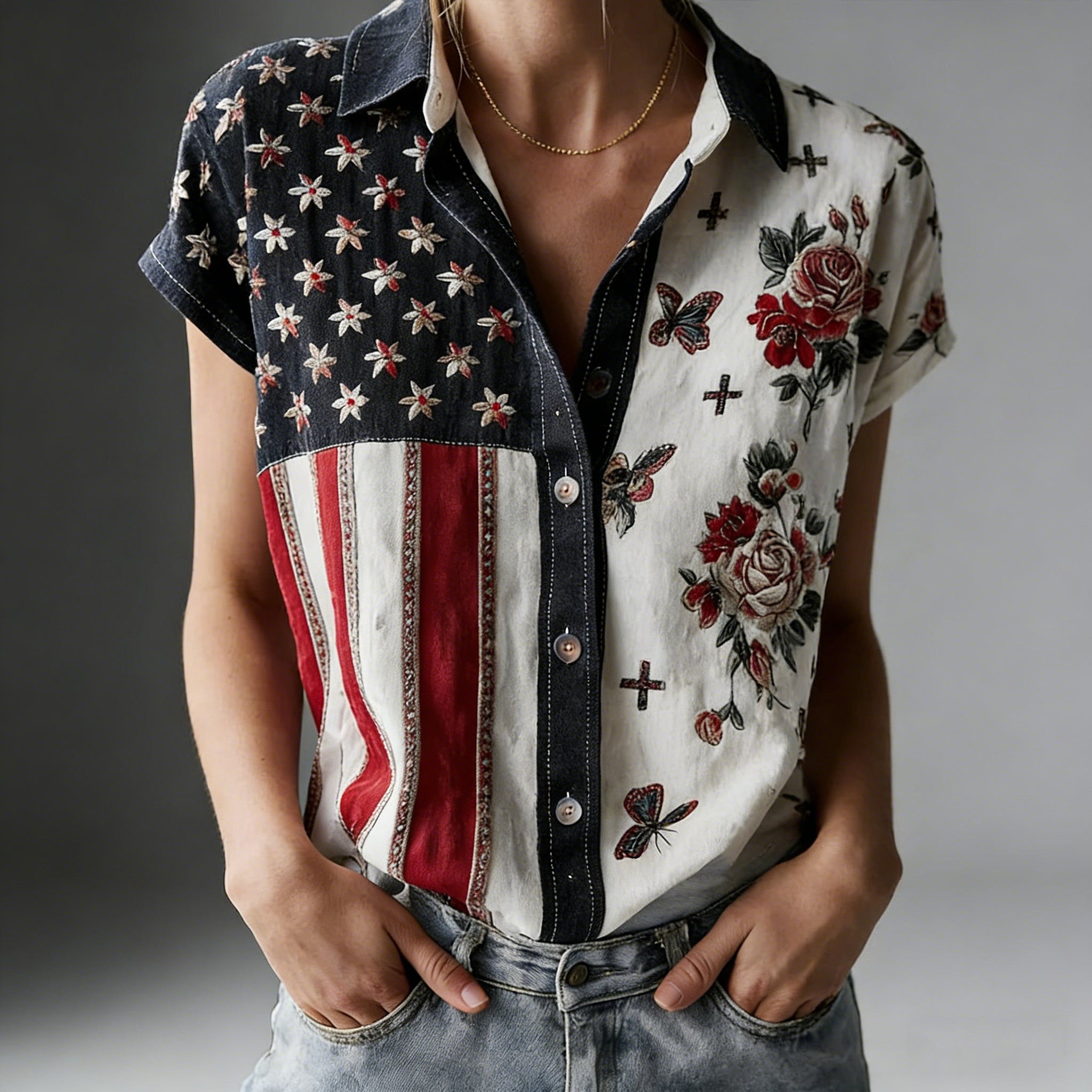 Women's American Founding 250th Anniversary Art Print Short-Sleeved Shirt