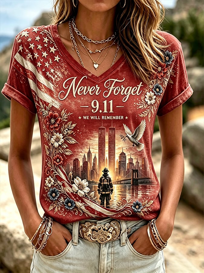 🕯️Women's  Retro  9.11 Never Forget Print T-shirt