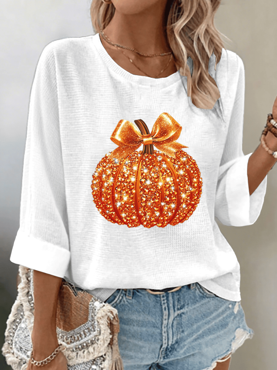 Women's Autumn Sequin Pumpkin Print Waffle Fabric 3/4 Sleeve Top