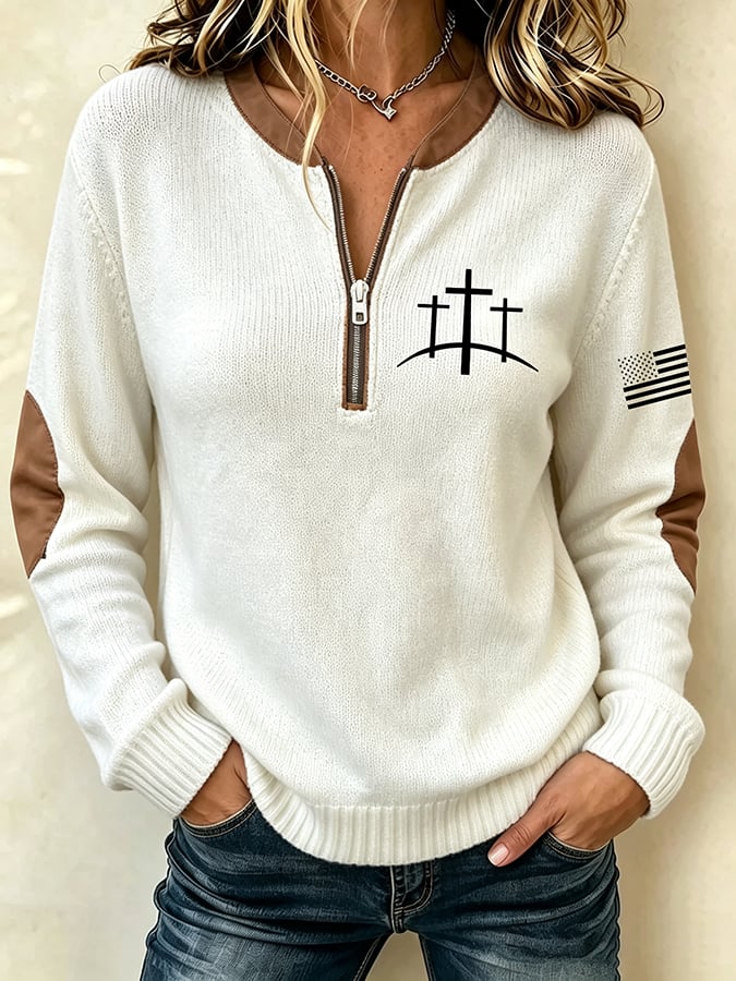 Women's Retro Faith Printed Long-Sleeve Knit Top