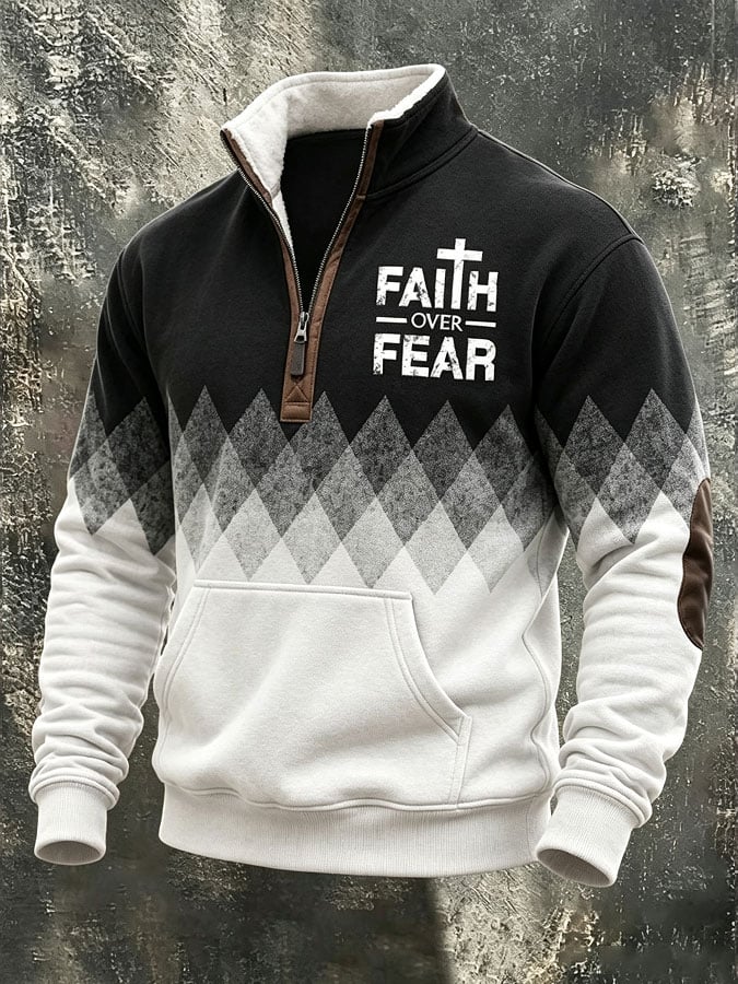 Men's Vintage Western FAITH Print Plush Stand-Collar Zip-Up Sweatshirt