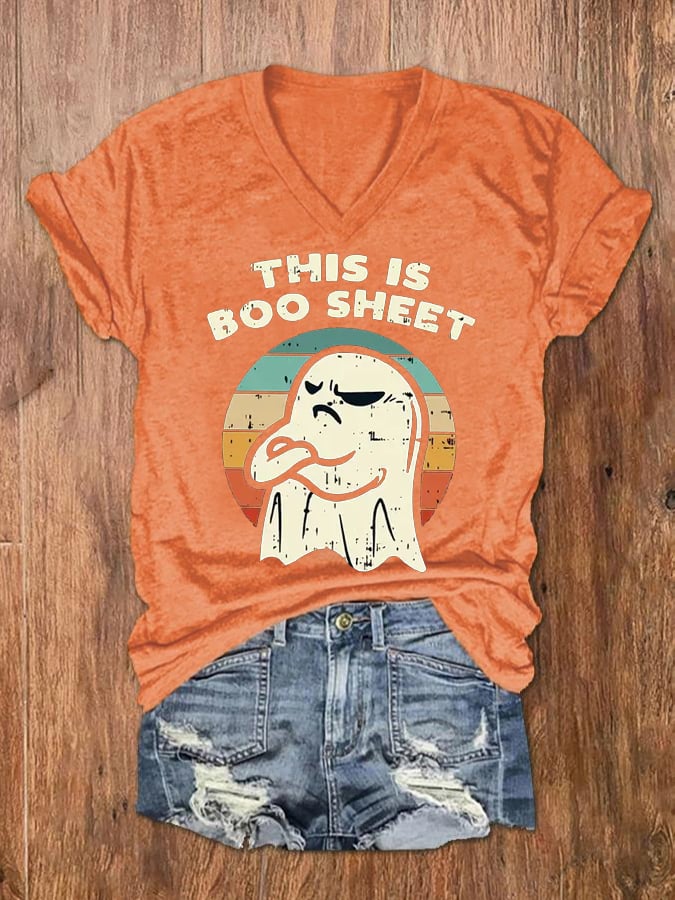 Women's This Is Boo Sheet Funny Halloween Ghost V-Neck Tee