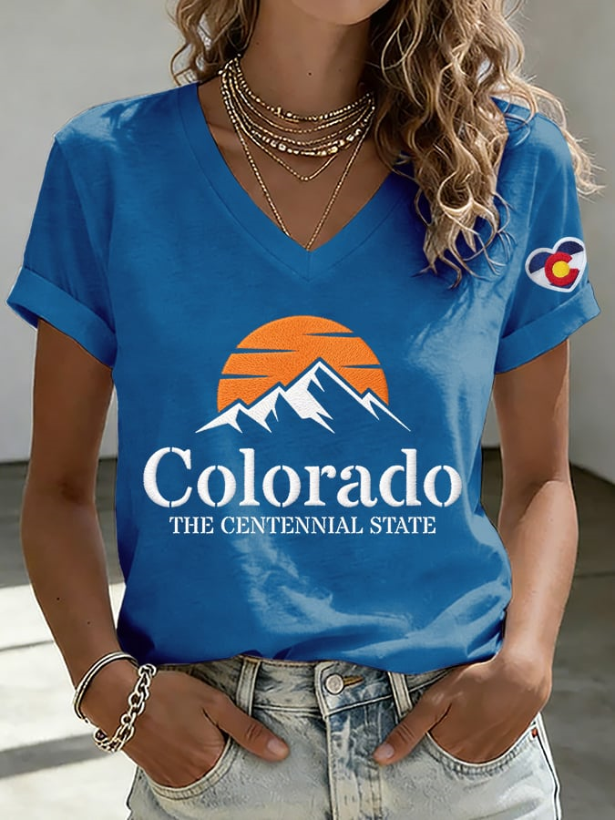 V-Neck Retro Colorado The Centennial State Print T-Shirt