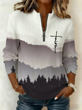 Women'S Casual Faith-Themed Printed Long-Sleeved Zip-Up Top