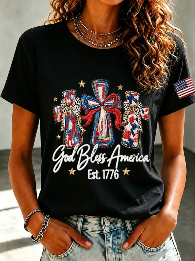 Women'S Casual Faith Floral Print Round Neck Short Sleeved T-Shirt