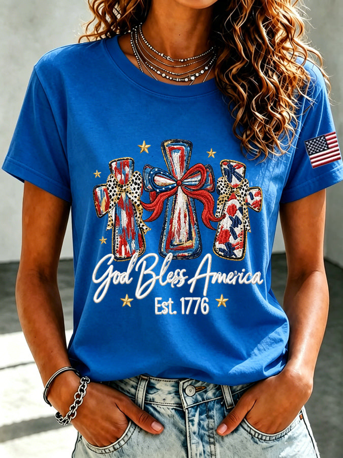 Women'S Casual Faith Floral Print Round Neck Short Sleeved T-Shirt