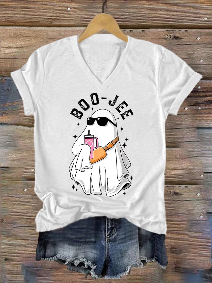 Women's Halloween Boo Jee Cute Ghost Print Casual V-Neck Tee