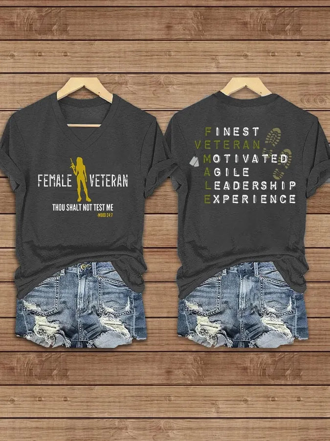 Women's Proud Female Veteran Printed V-Neck T-Shirt