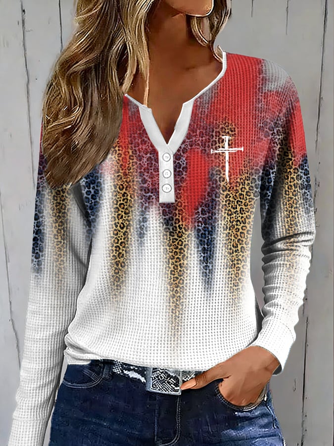 Women's Casual Faith Waffle Knit Button-Up Long-Sleeve T-Shirt