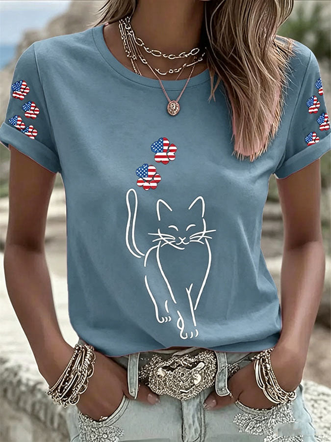 Women's America Flag Cat Casual T-Shirt