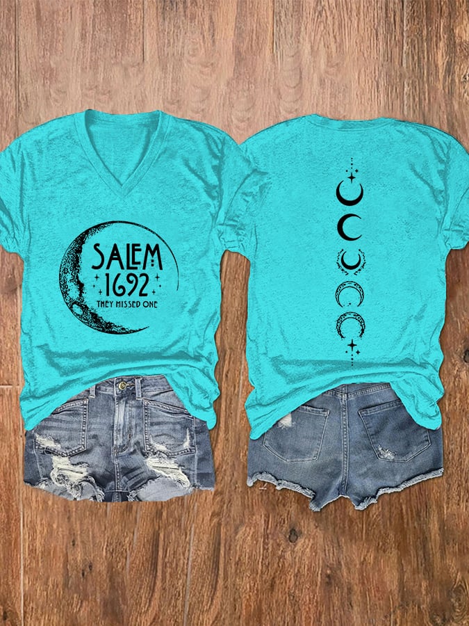 Women's Halloween Salem 1692 They Missed One Print V-Neck T-Shirt